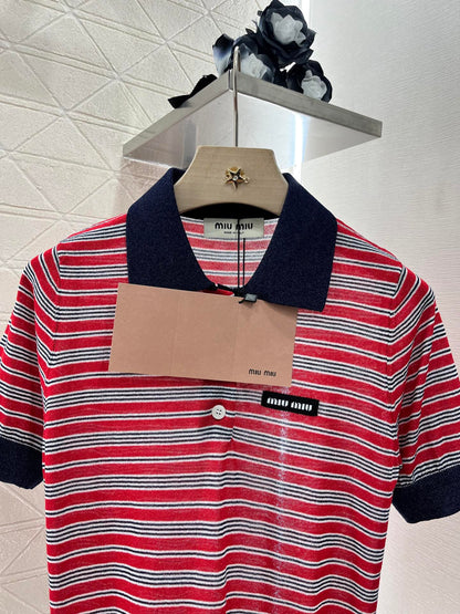 Mi*mi*♥2025 new products are on sale Lapel striped knitted short sleeves