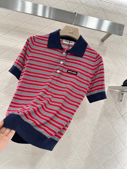 Mi*mi*♥2025 new products are on sale Lapel striped knitted short sleeves