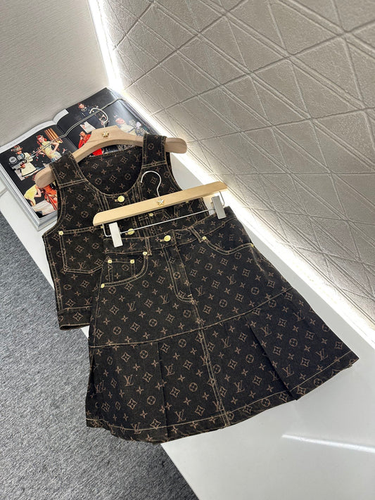 L*♥2025 new product Laser printed denim vest and skirt set
