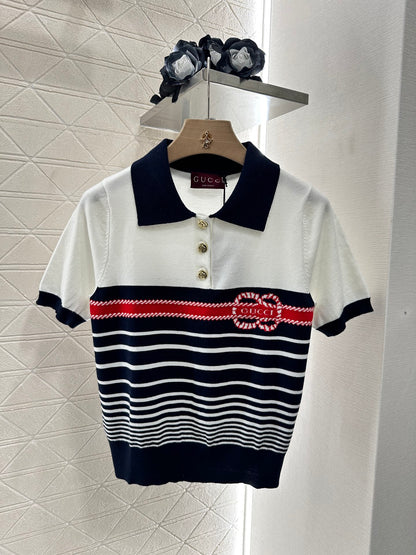 G*♥2025 new product Lapel striped knitted short sleeves