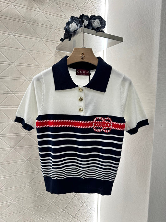 G*♥2025 new product Lapel striped knitted short sleeves