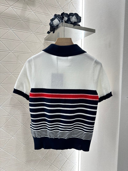 G*♥2025 new product Lapel striped knitted short sleeves