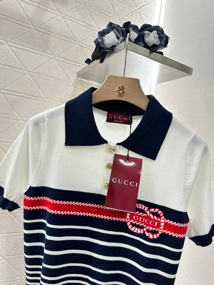 G*♥2025 new product Lapel striped knitted short sleeves