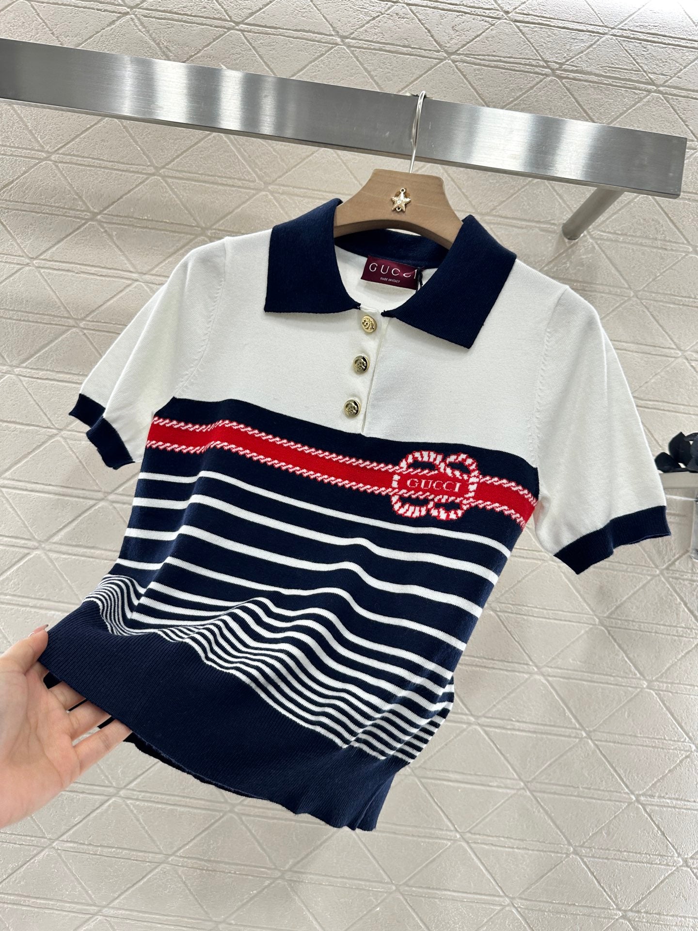 G*♥2025 new product Lapel striped knitted short sleeves