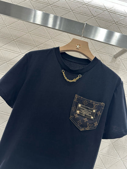 L*♥2025 new product Pocket short-sleeved top with jacquard shorts set