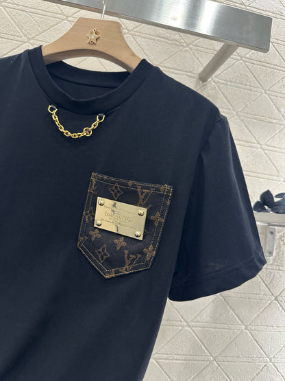 L*♥2025 new product Pocket short-sleeved top with jacquard shorts set