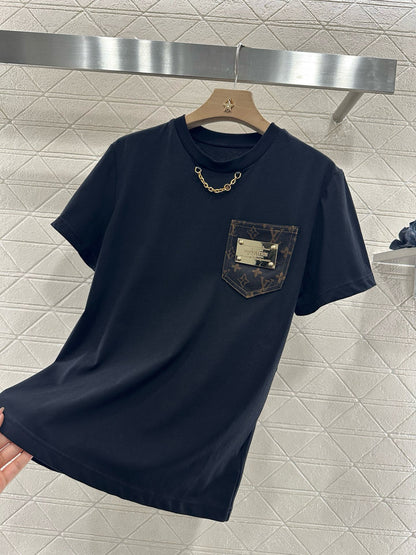 L*♥2025 new product Pocket short-sleeved top with jacquard shorts set