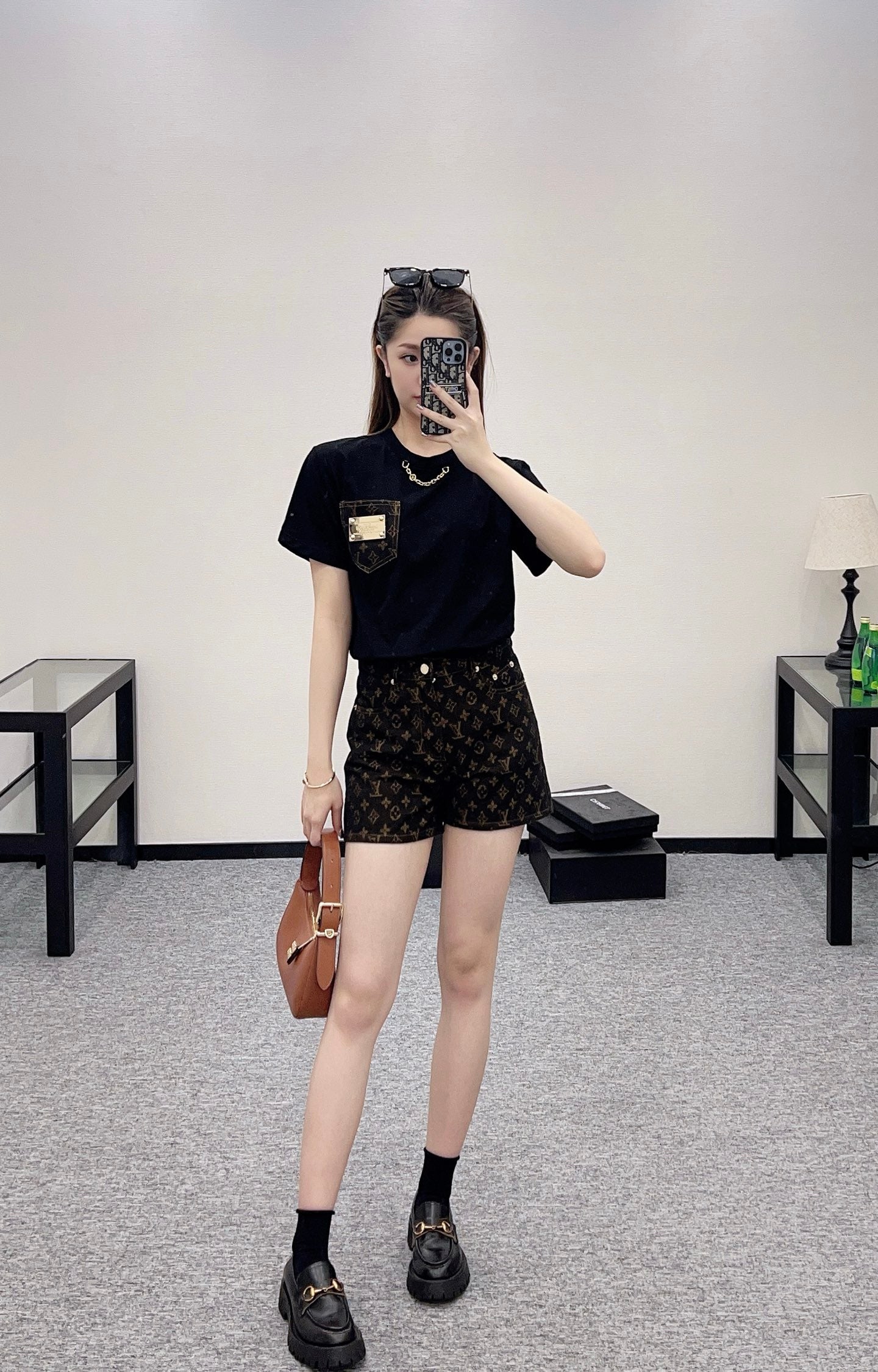 L*♥2025 new product Pocket short-sleeved top with jacquard shorts set