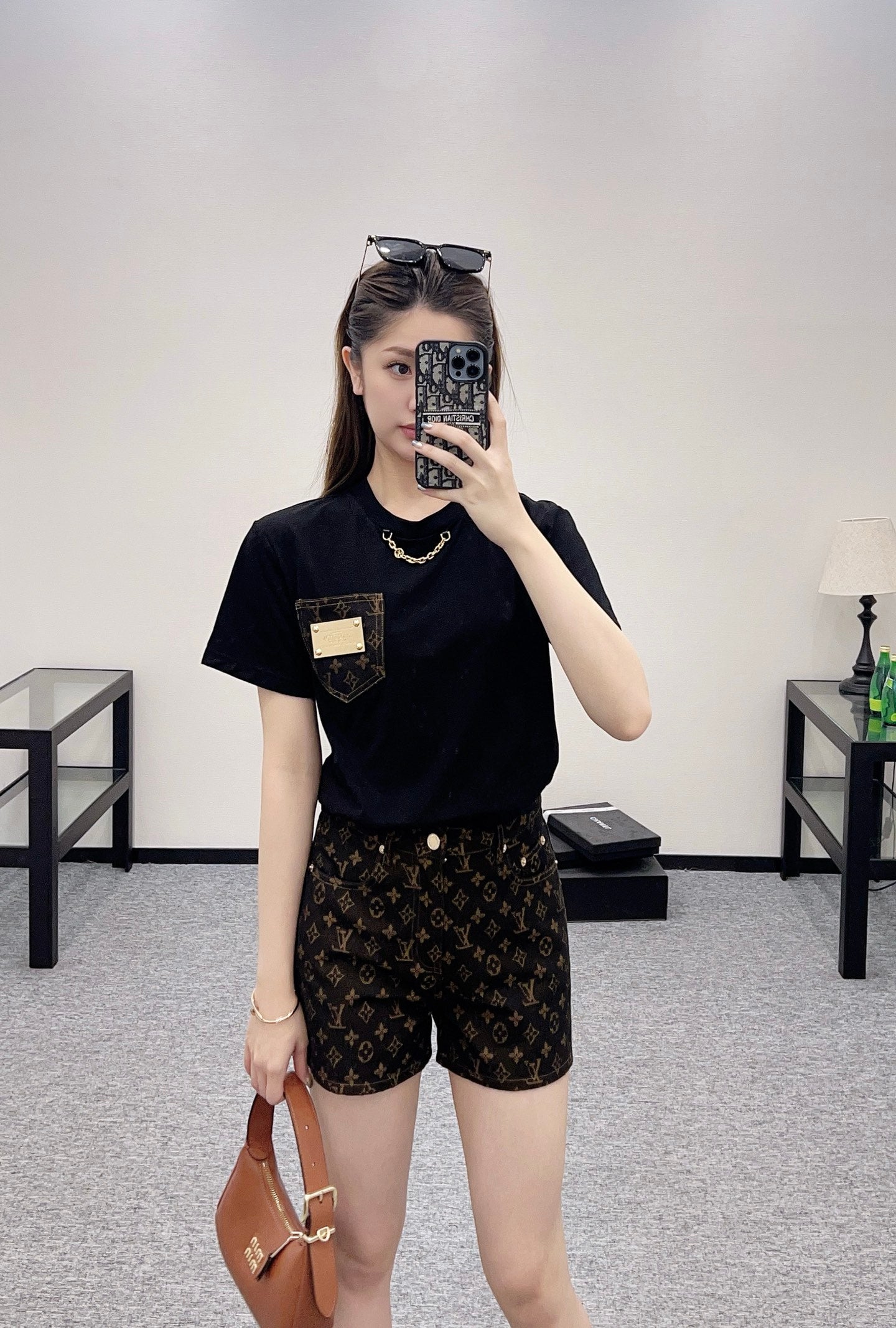 L*♥2025 new product Pocket short-sleeved top with jacquard shorts set