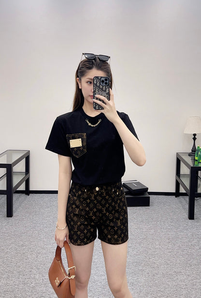 L*♥2025 new product Pocket short-sleeved top with jacquard shorts set