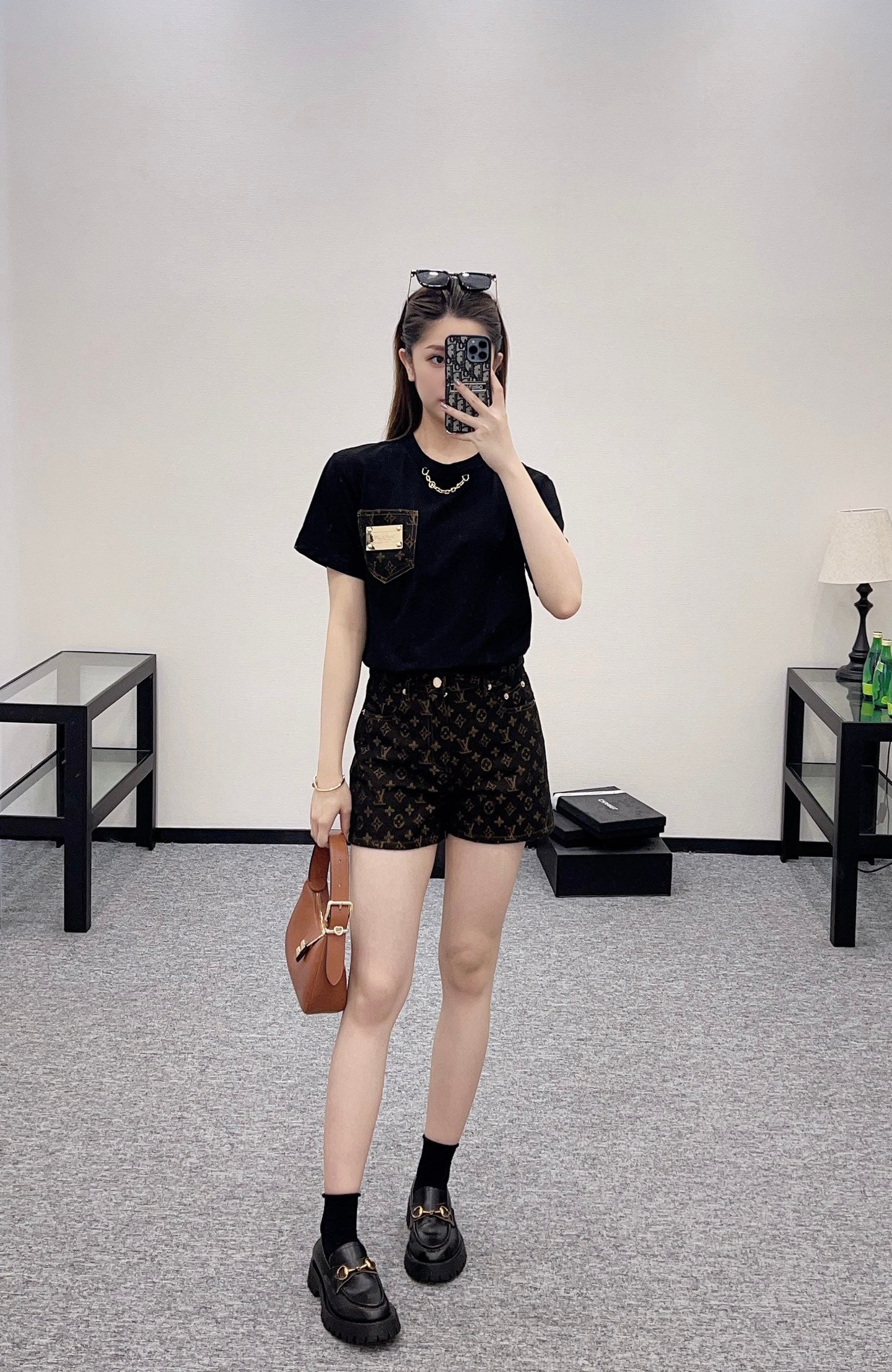 L*♥2025 new product Pocket short-sleeved top with jacquard shorts set