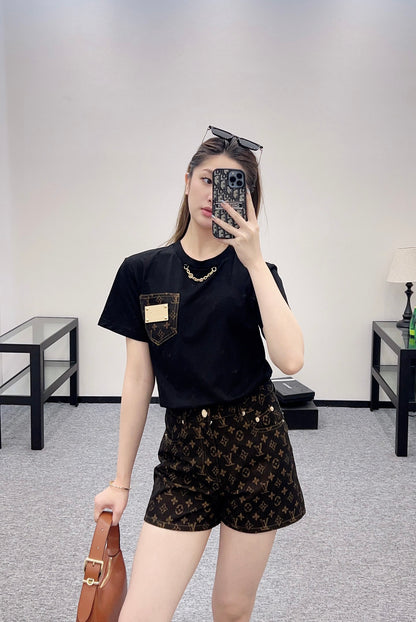 L*♥2025 new product Pocket short-sleeved top with jacquard shorts set