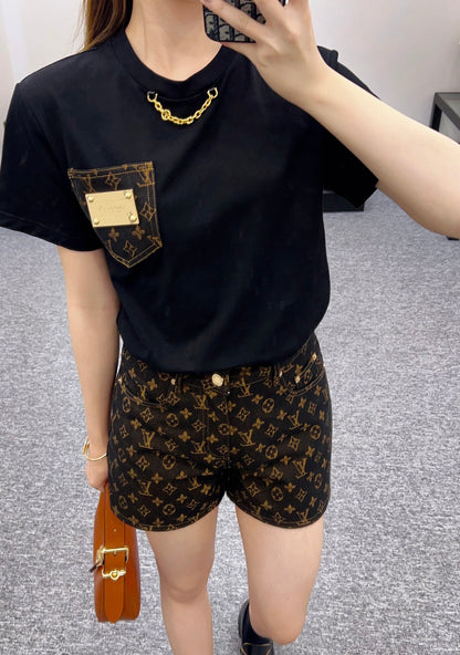 L*♥2025 new product Pocket short-sleeved top with jacquard shorts set