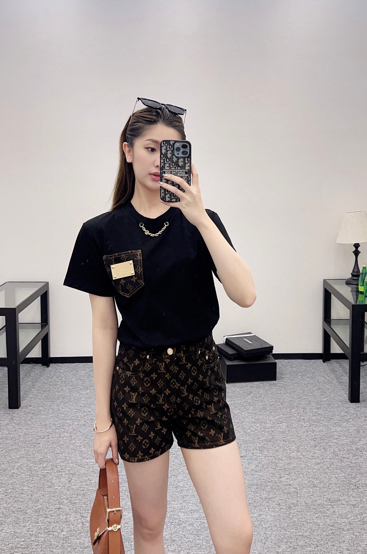 L*♥2025 new product Pocket short-sleeved top with jacquard shorts set