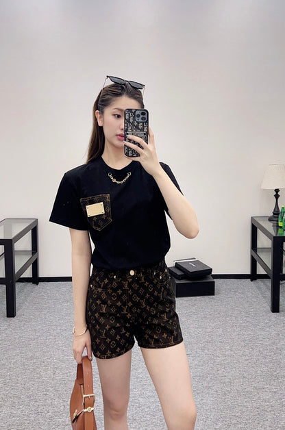 L*♥2025 new product Pocket short-sleeved top with jacquard shorts set