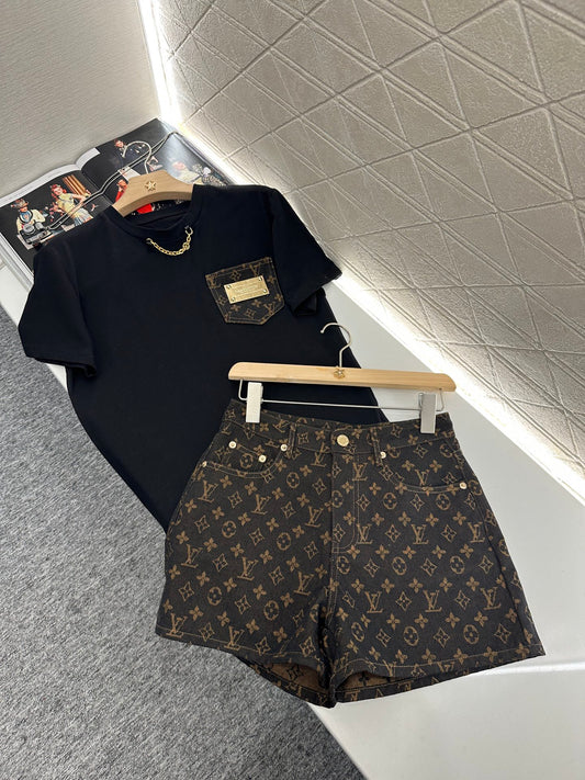 L*♥2025 new product Pocket short-sleeved top with jacquard shorts set