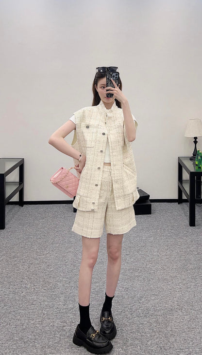 C*♥2025 new product Woven plaid vest shorts set
