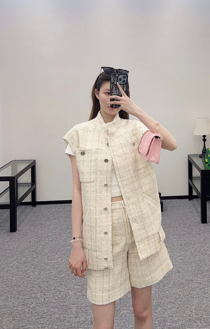 C*♥2025 new product Woven plaid vest shorts set