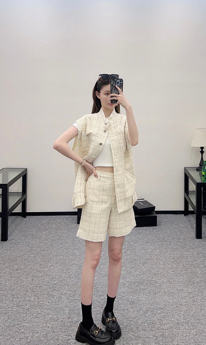C*♥2025 new product Woven plaid vest shorts set