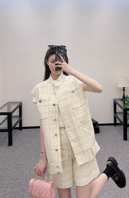 C*♥2025 new product Woven plaid vest shorts set