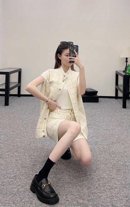 C*♥2025 new product Woven plaid vest shorts set