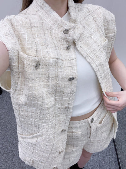 C*♥2025 new product Woven plaid vest shorts set