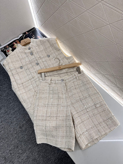 C*♥2025 new product Woven plaid vest shorts set