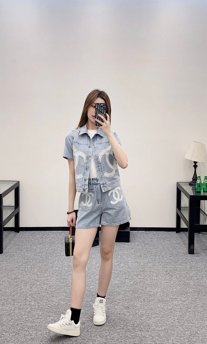 C*♥2025 new product Lace embroidered denim suit