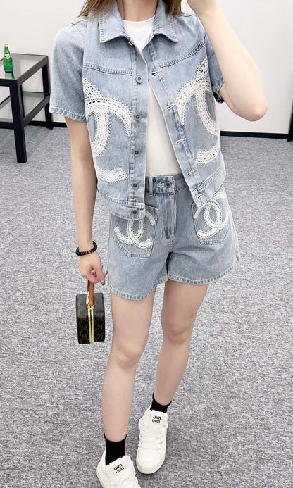 C*♥2025 new product Lace embroidered denim suit