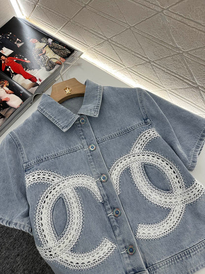 C*♥2025 new product Lace embroidered denim suit