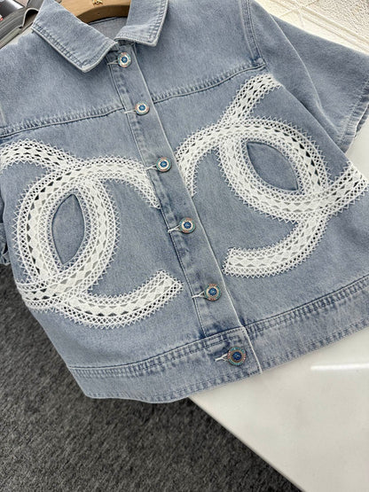 C*♥2025 new product Lace embroidered denim suit
