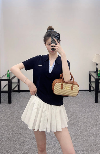 Mi*mi*♥2025 new product Spliced knitted short sleeves