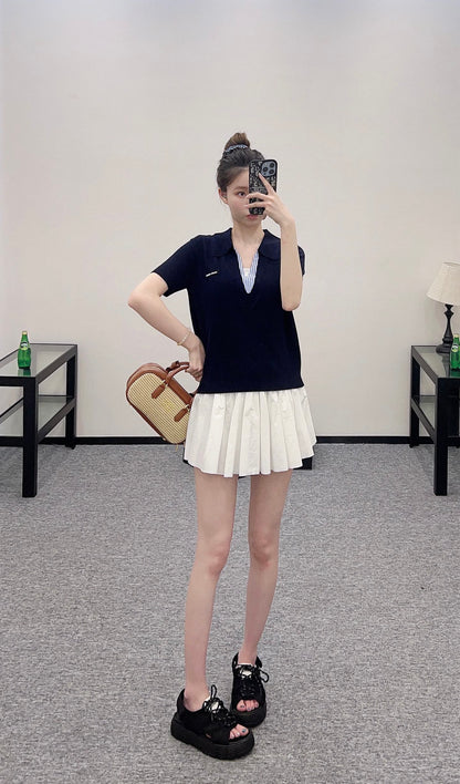 Mi*mi*♥2025 new product Spliced knitted short sleeves