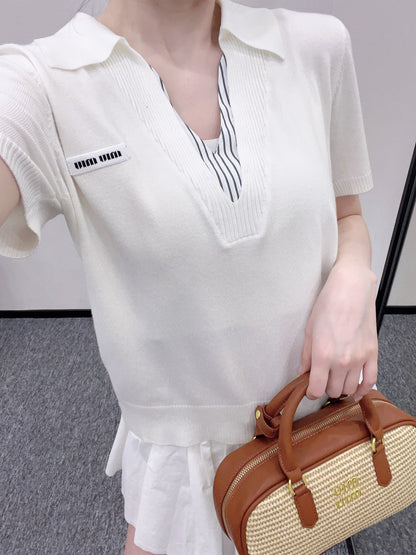 Mi*mi*♥2025 new product Spliced knitted short sleeves