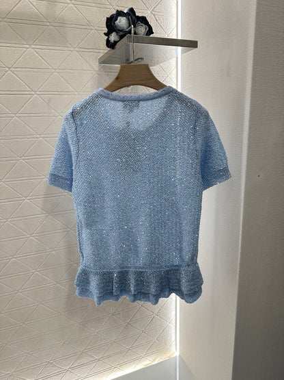 C*♥2025 new product Sequined silver knitted short sleeves