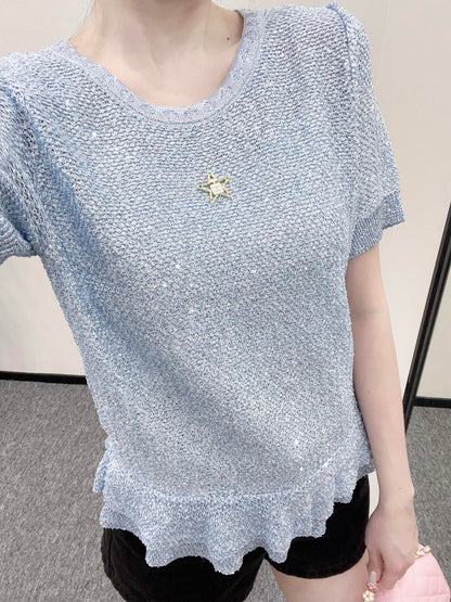 C*♥2025 new product Sequined silver knitted short sleeves