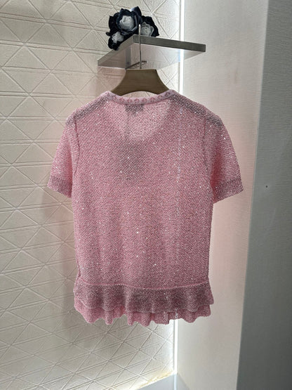 C*♥2025 new product Sequined silver knitted short sleeves