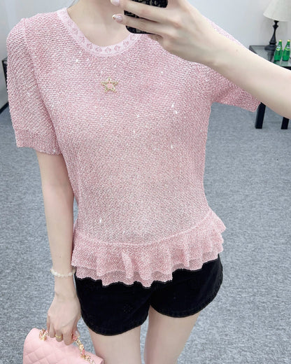C*♥2025 new product Sequined silver knitted short sleeves