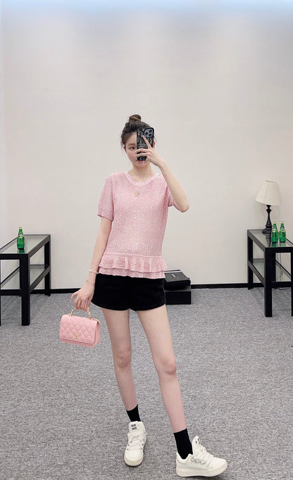 C*♥2025 new product Sequined silver knitted short sleeves