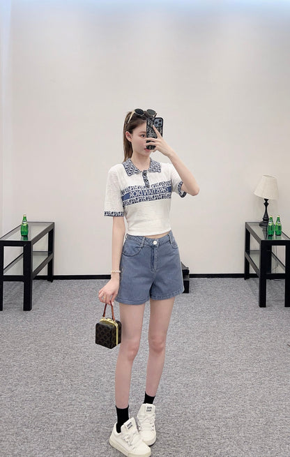 D*♥2025 new product Lapel knitted short sleeves