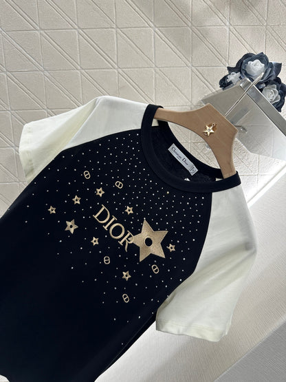 D*♥2025 new product Raglan embroidery rhinestone round neck