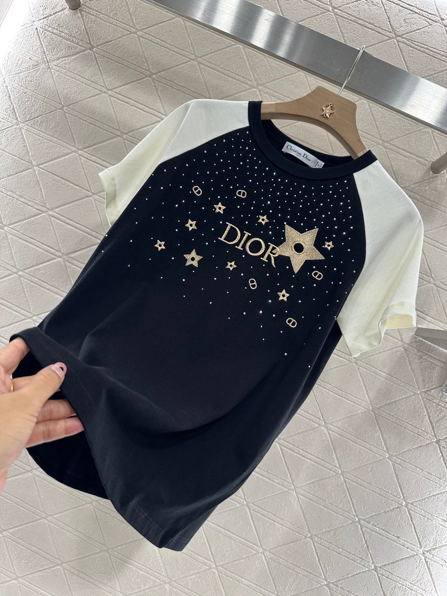 D*♥2025 new product Raglan embroidery rhinestone round neck