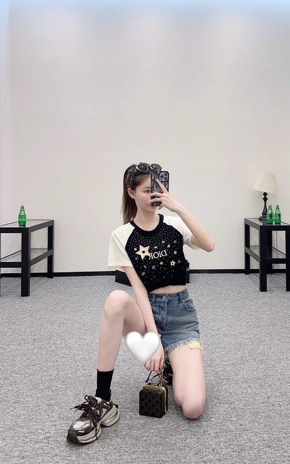 D*♥2025 new product Raglan embroidery rhinestone round neck