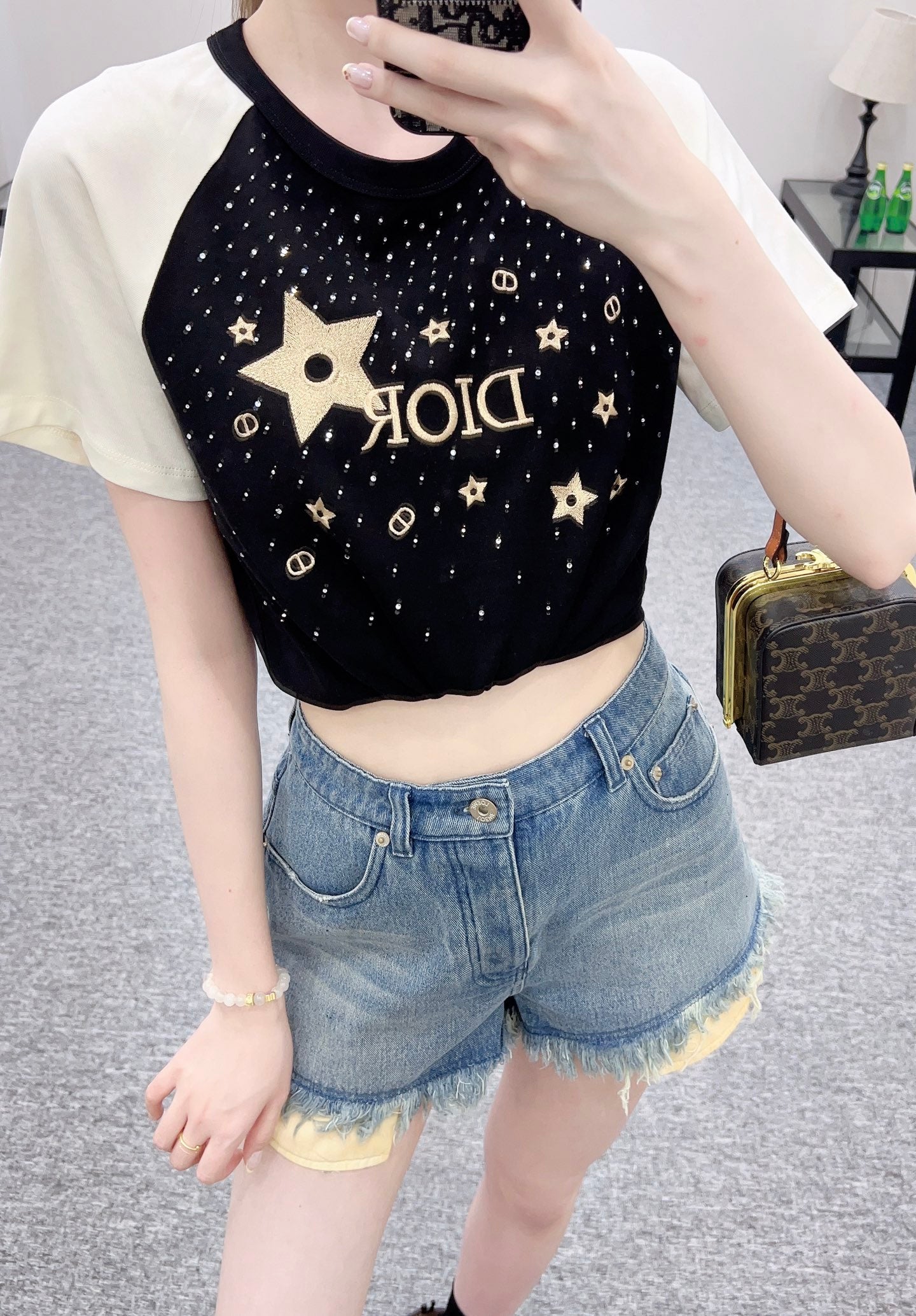 D*♥2025 new product Raglan embroidery rhinestone round neck
