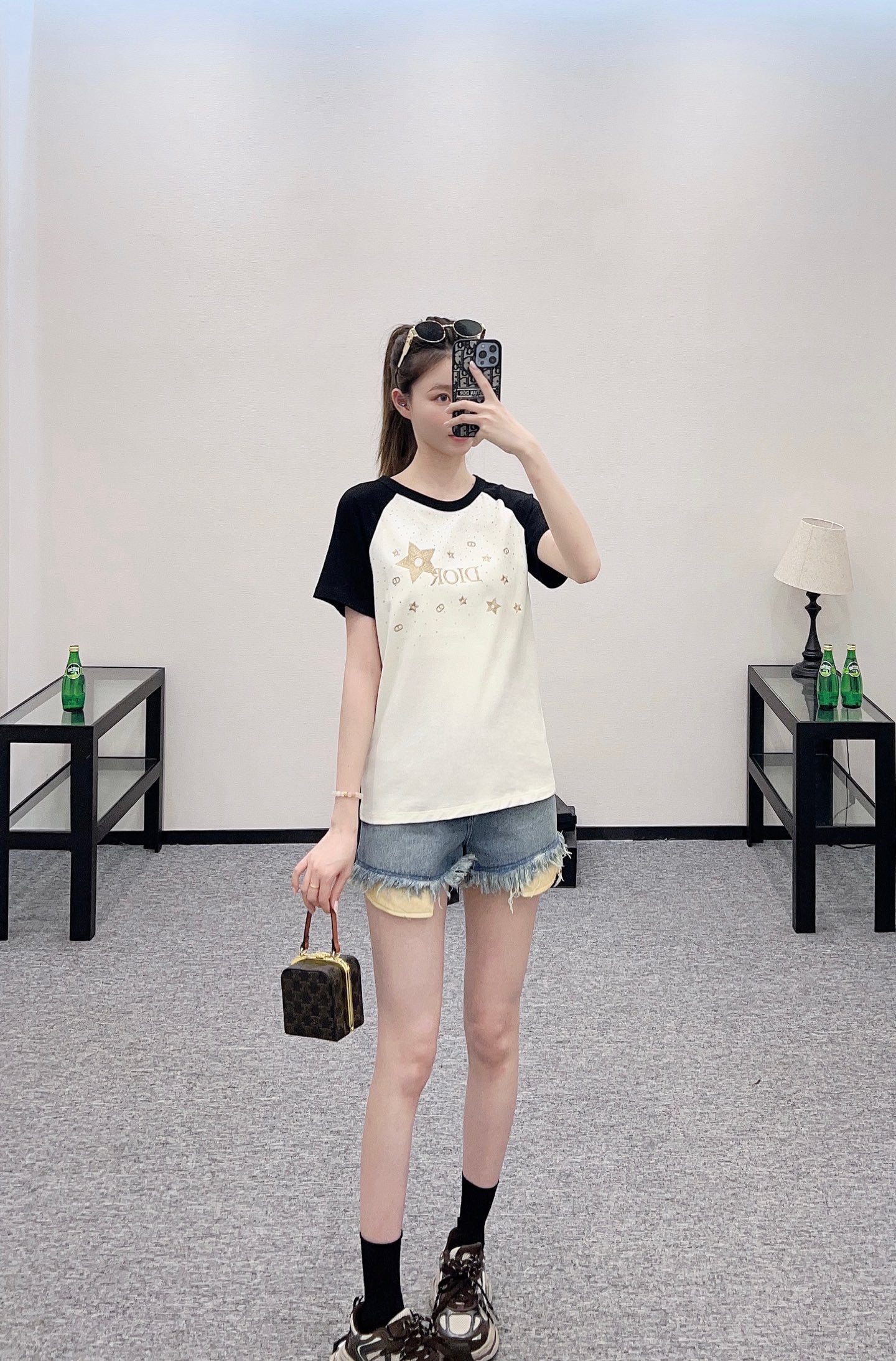 D*♥2025 new product Raglan embroidery rhinestone round neck