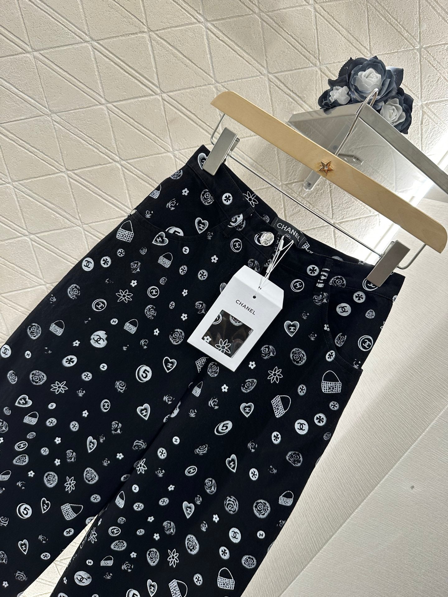 C*♥2025 new product Printed denim wide-leg pants