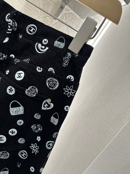 C*♥2025 new product Printed denim wide-leg pants