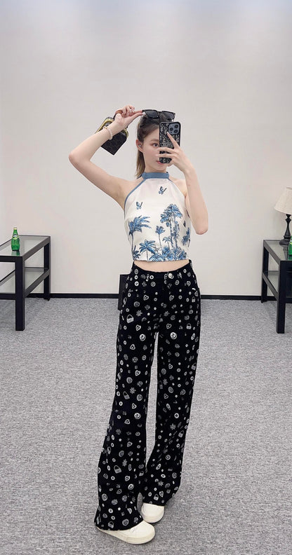 C*♥2025 new product Printed denim wide-leg pants
