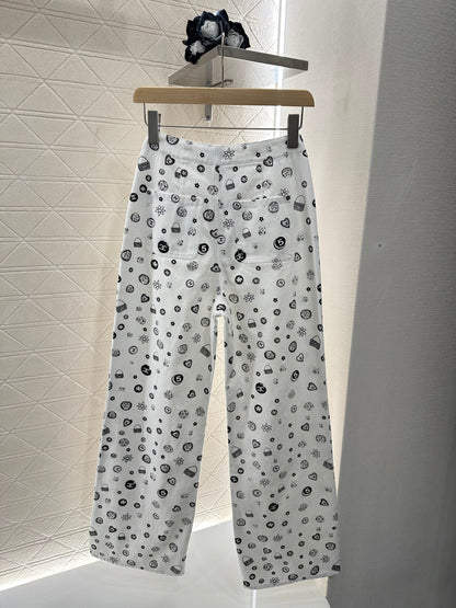 C*♥2025 new product Printed denim wide-leg pants