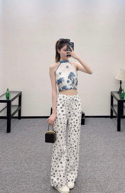 C*♥2025 new product Printed denim wide-leg pants
